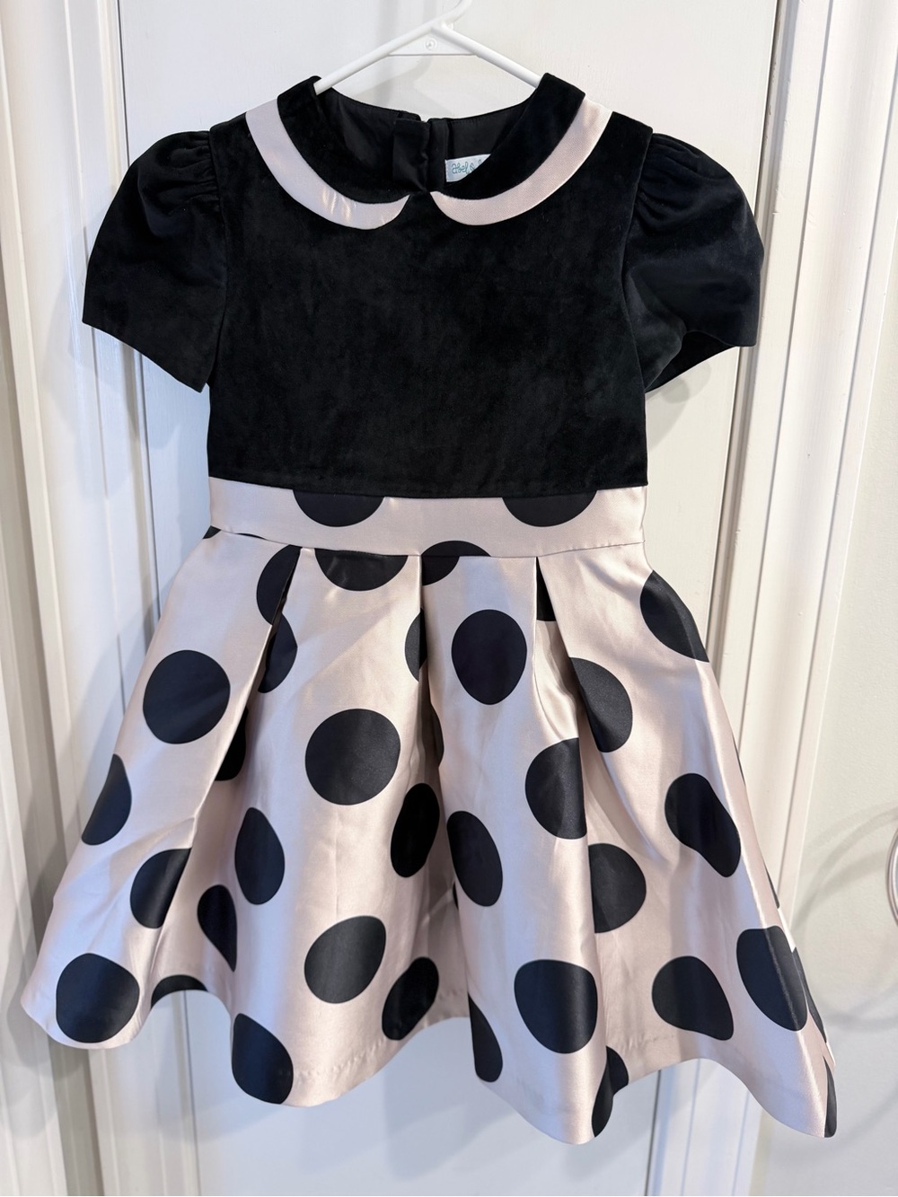 Black Velvet Top Taupe Satin Polka Dot Party Dress